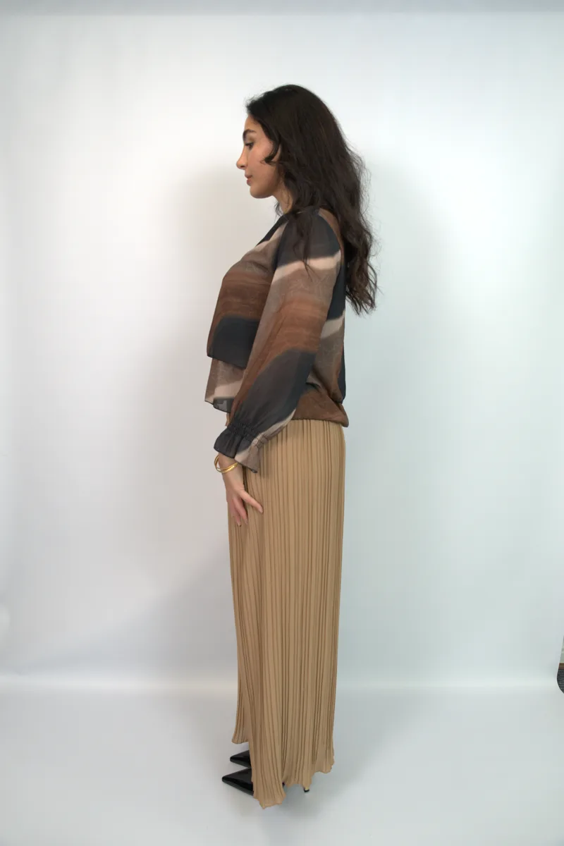 Kurt Muller studio campaign — printed chiffon and pleated trousers