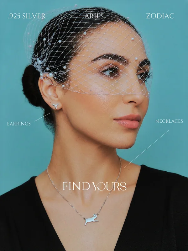 LoveYours Collection Aries zodiac campaign, Amaya Lala in a crystal birdcage veil with a 925-silver necklace, beauty editorial against jade